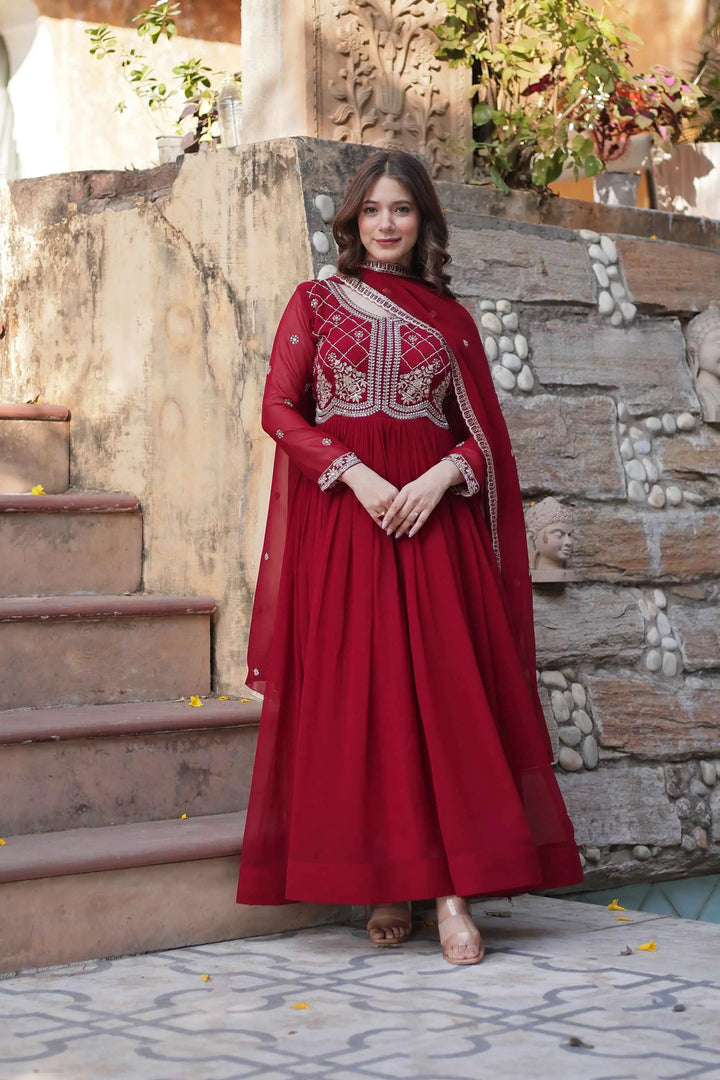 Marron Beads And Sequins Embroidery Work Gown With Dupatta - qivii