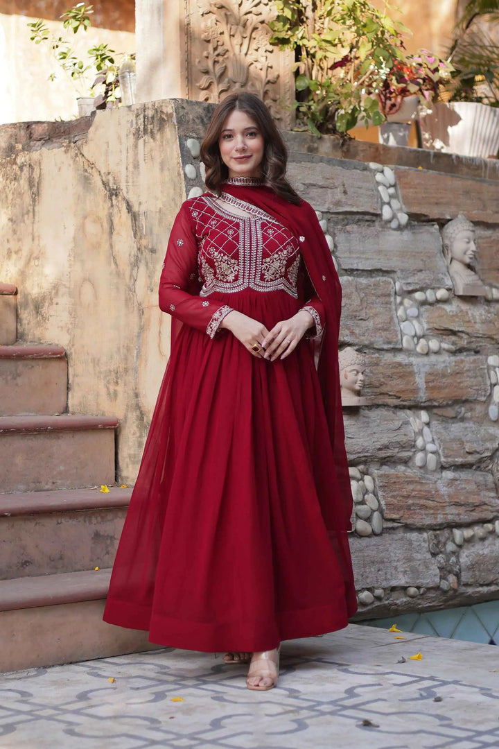 Marron Beads And Sequins Embroidery Work Gown With Dupatta - qivii