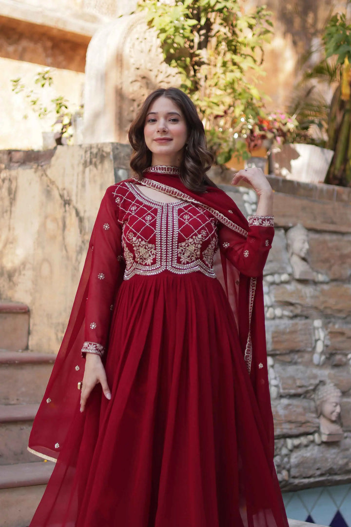Marron Beads And Sequins Embroidery Work Gown With Dupatta - qivii