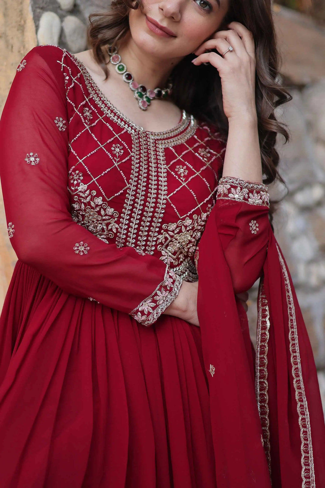 Marron Beads And Sequins Embroidery Work Gown With Dupatta - qivii