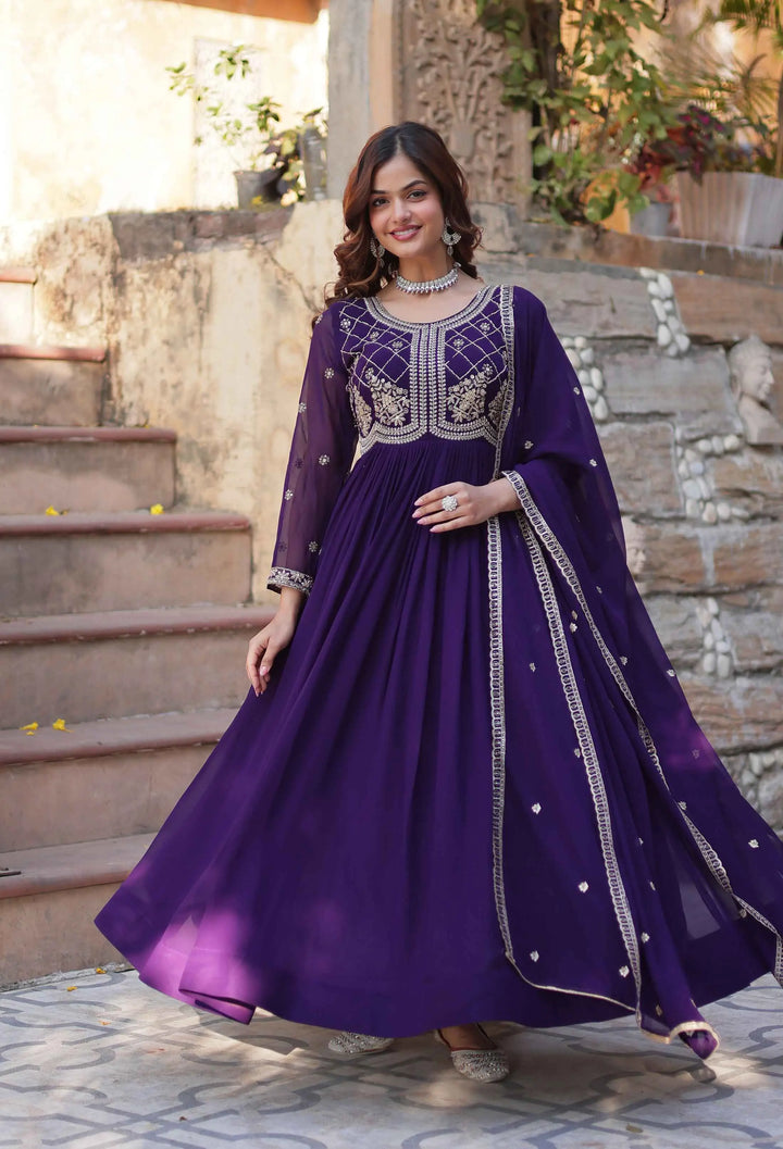 Purple Beads And Sequins Embroidery Work Gown With Dupatta - qivii