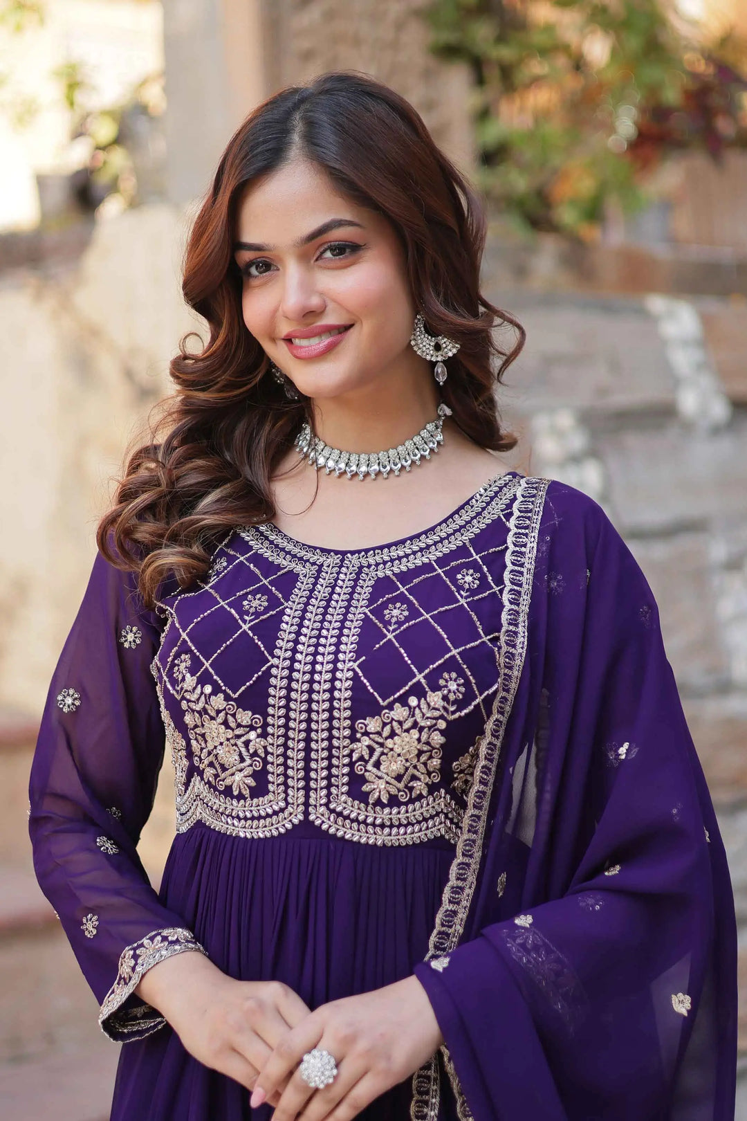 Purple Beads And Sequins Embroidery Work Gown With Dupatta - qivii