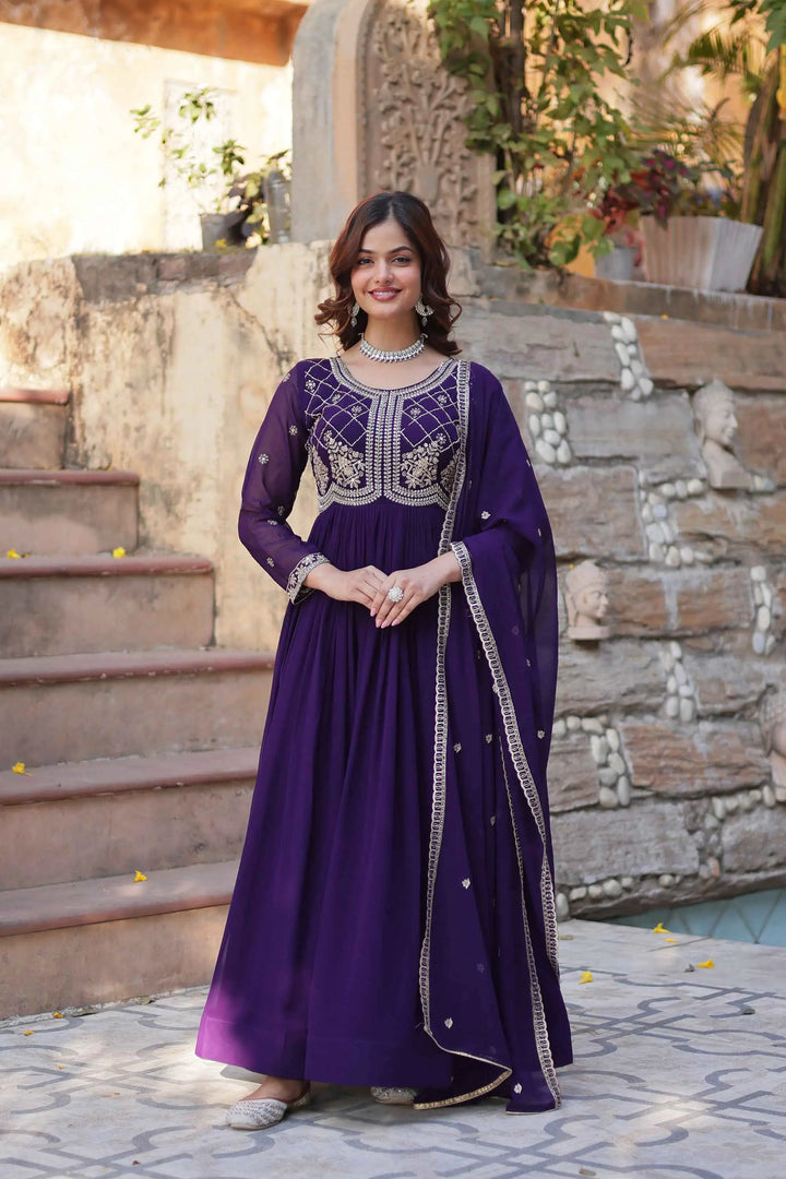 Purple Beads And Sequins Embroidery Work Gown With Dupatta - qivii