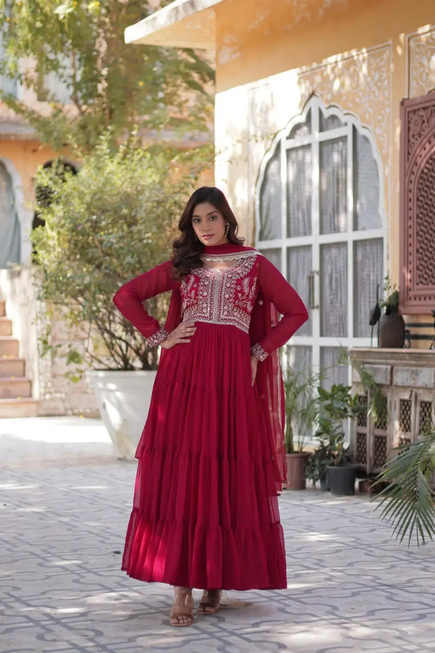 Red Devil Georgette Attractive Embroidery Pearl Work Gown With Dupatta