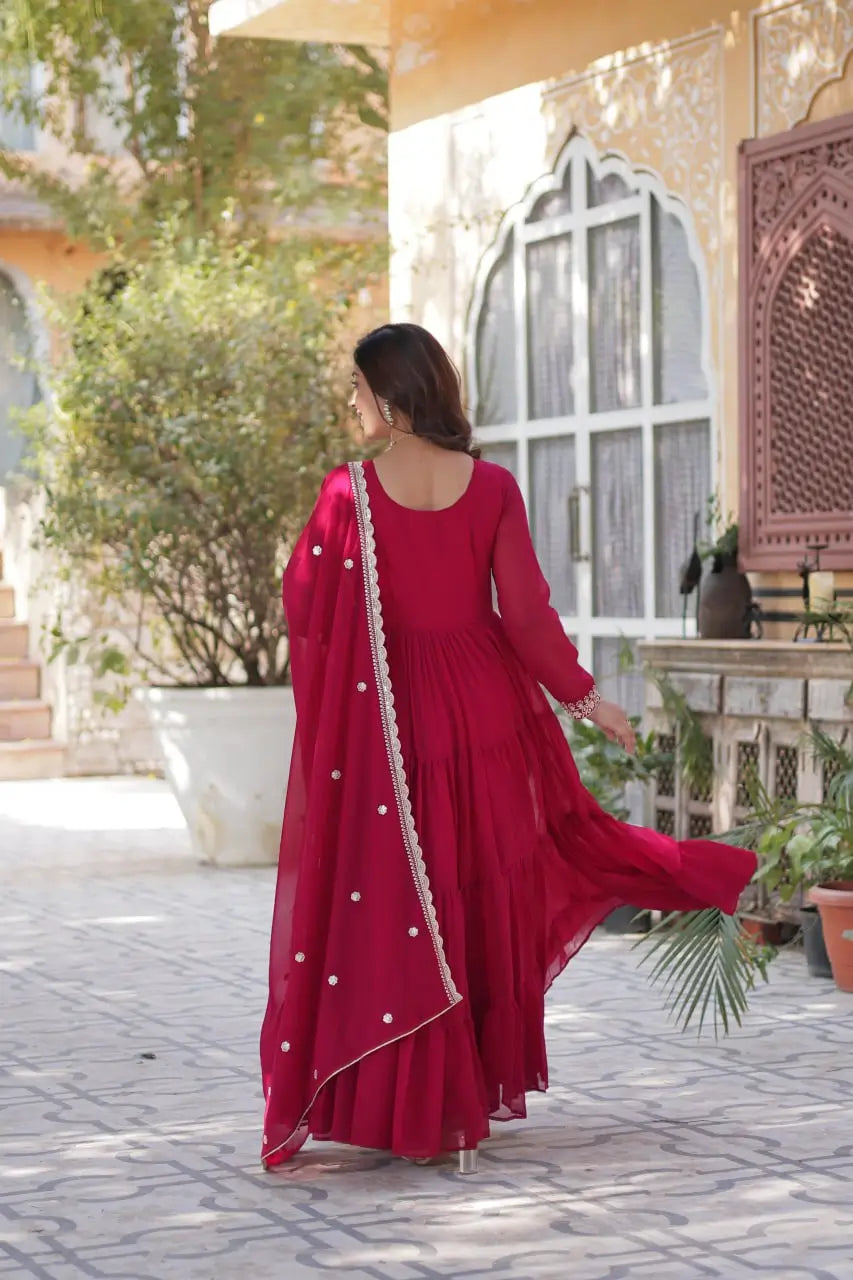 Red Devil Georgette Attractive Embroidery Pearl Work Gown With Dupatta