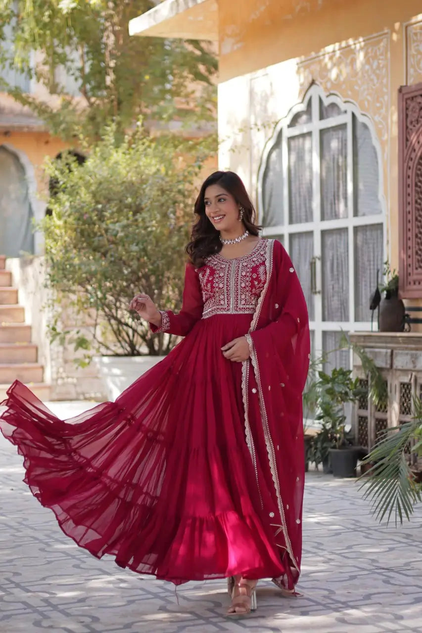 Red Devil Georgette Attractive Embroidery Pearl Work Gown With Dupatta