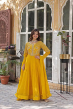 Yellow Ochre Attractive Sequins Embroidery Work Gown And Dupatta
