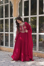 Maroon Red Attractive Sequins Embroidery Work Gown And Dupatta