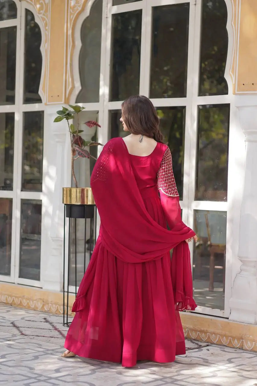 Maroon Red Attractive Sequins Embroidery Work Gown And Dupatta
