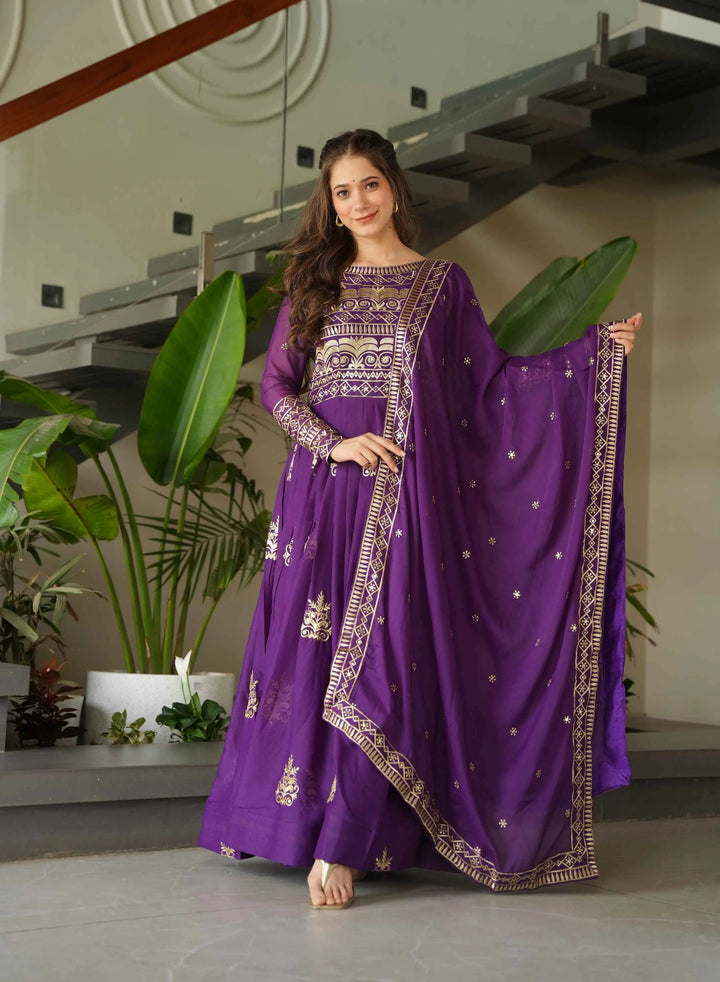 Grape Purple Gown With Zari Sequins Embroidery And Dupatta - qivii