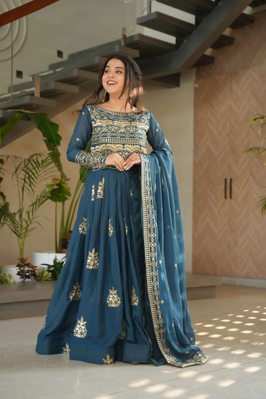 Teal Blue Gown With Zari Sequins Embroidery And Dupatta - qivii