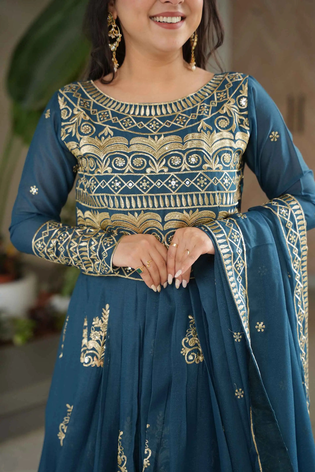 Teal Blue Gown With Zari Sequins Embroidery And Dupatta - qivii