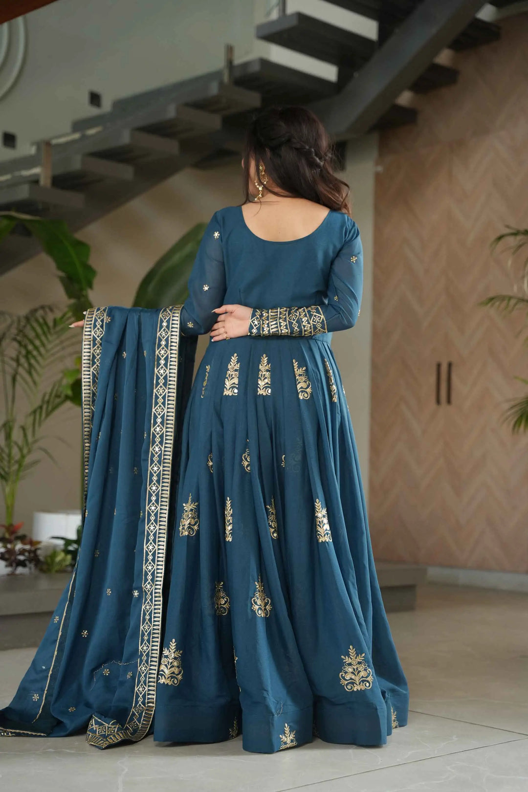 Teal Blue Gown With Zari Sequins Embroidery And Dupatta - qivii