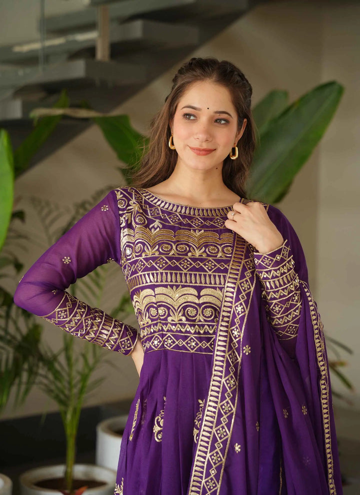 Grape Purple Gown With Zari Sequins Embroidery And Dupatta - qivii