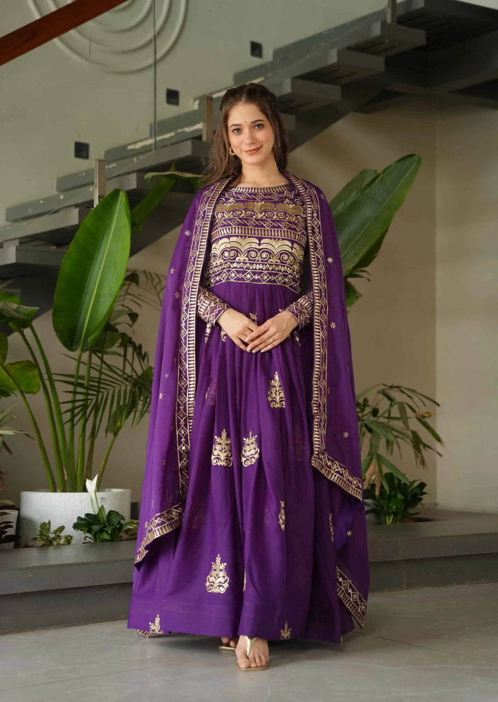 Grape Purple Gown With Zari Sequins Embroidery And Dupatta - qivii