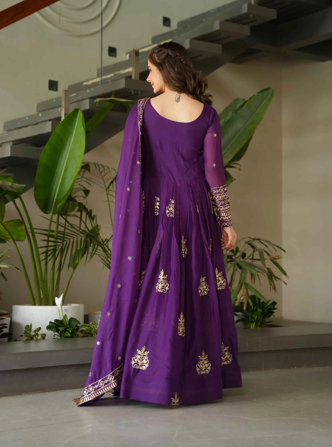 Grape Purple Gown With Zari Sequins Embroidery And Dupatta - qivii