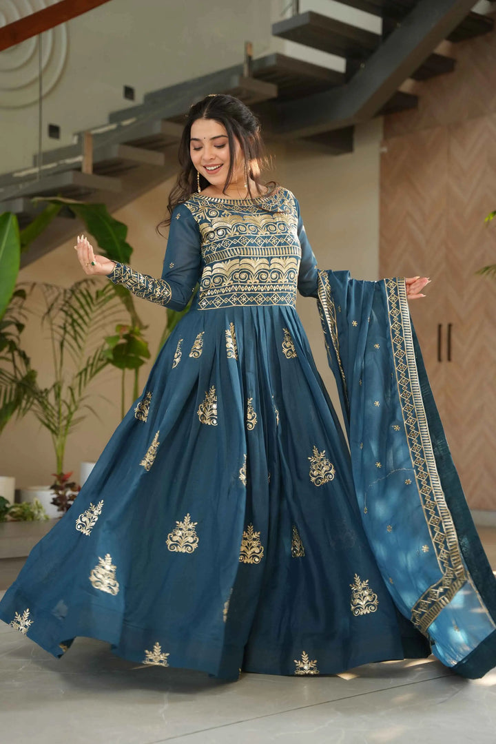 Teal Blue Gown With Zari Sequins Embroidery And Dupatta - qivii