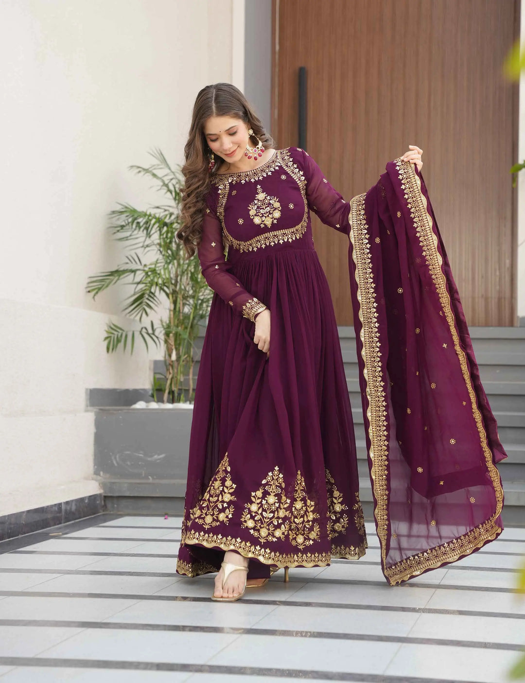 Designer Wine Zari Sequins Embroidery Work Georgette Gown With Dupatta - qivii