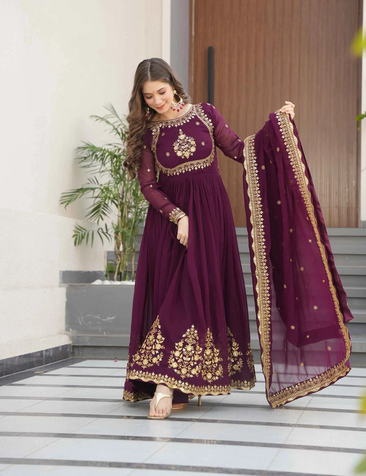 Designer Wine Zari Sequins Embroidery Work Georgette Gown With Dupatta - qivii