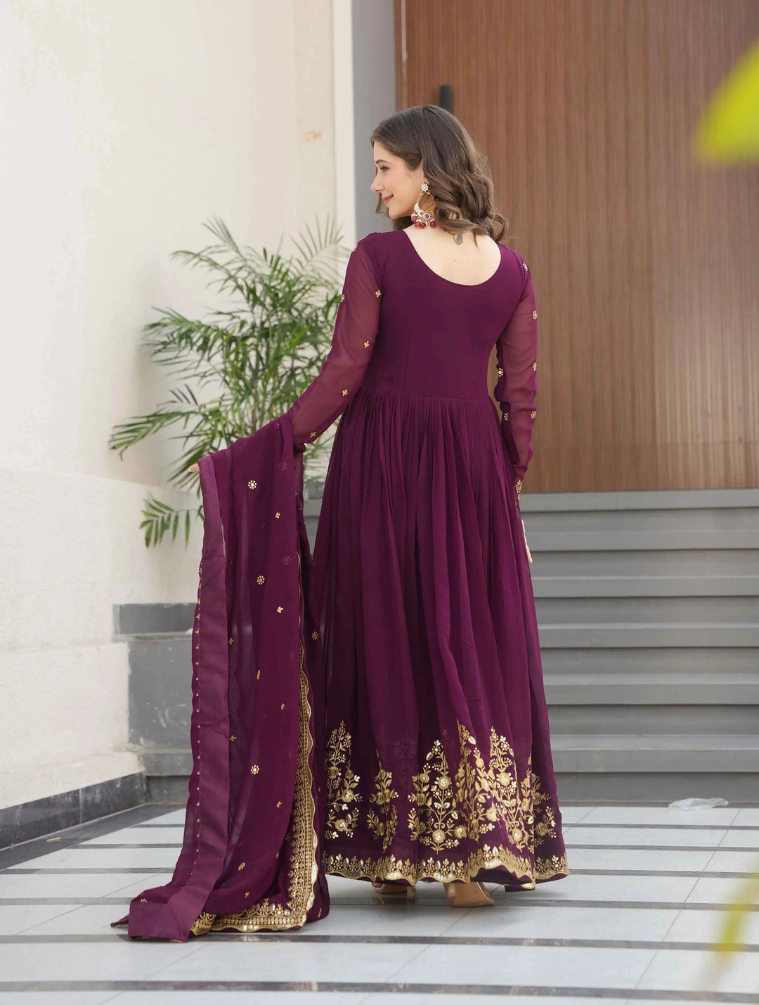 Designer Wine Zari Sequins Embroidery Work Georgette Gown With Dupatta - qivii