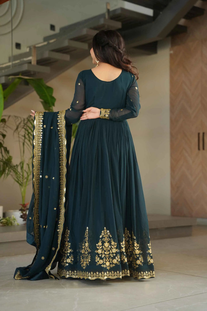 Designer Rama Zari Sequins Embroidery Work Georgette Gown With Dupatta - qivii