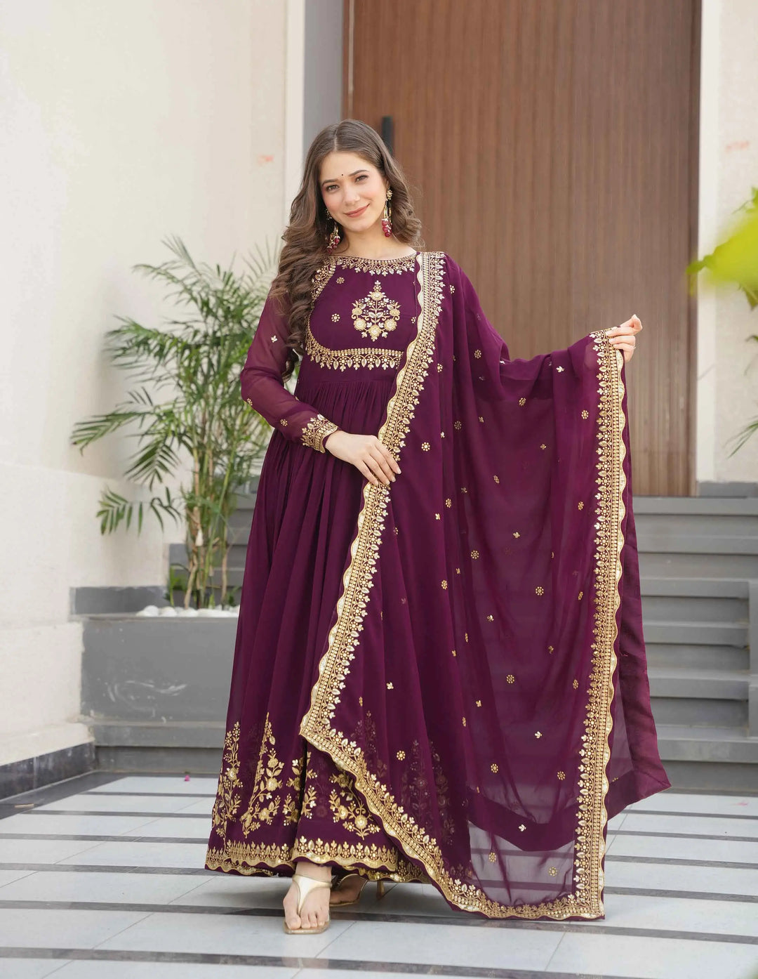 Designer Wine Zari Sequins Embroidery Work Georgette Gown With Dupatta - qivii