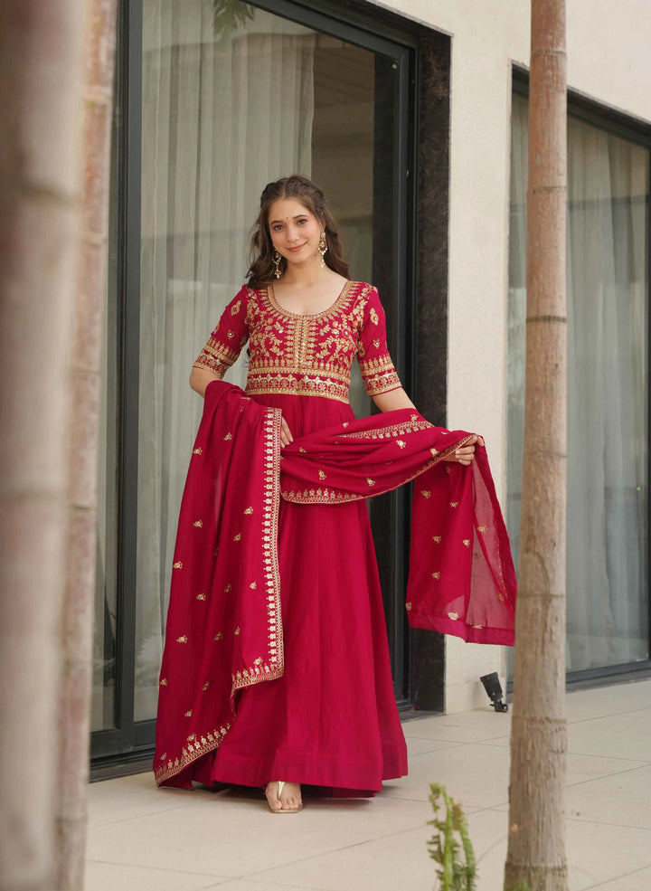 Red Silk Gown With Zari Sequins Embroidery Work And Dupatta - qivii