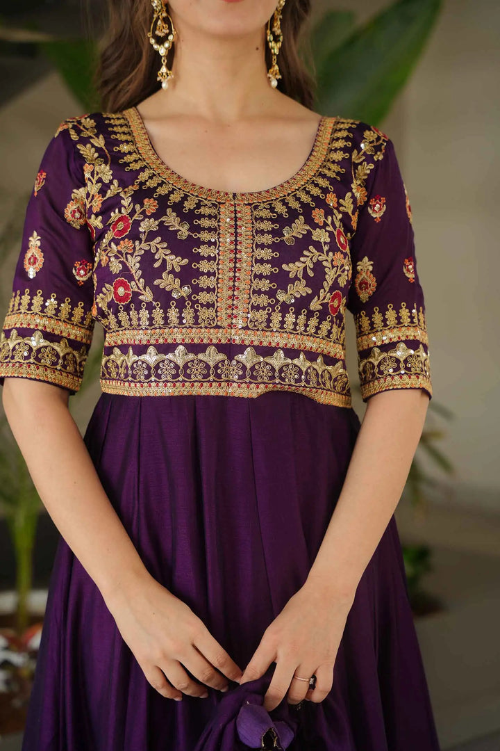 Purple Silk Gown With Zari Sequins Embroidery Work And Dupatta - qivii