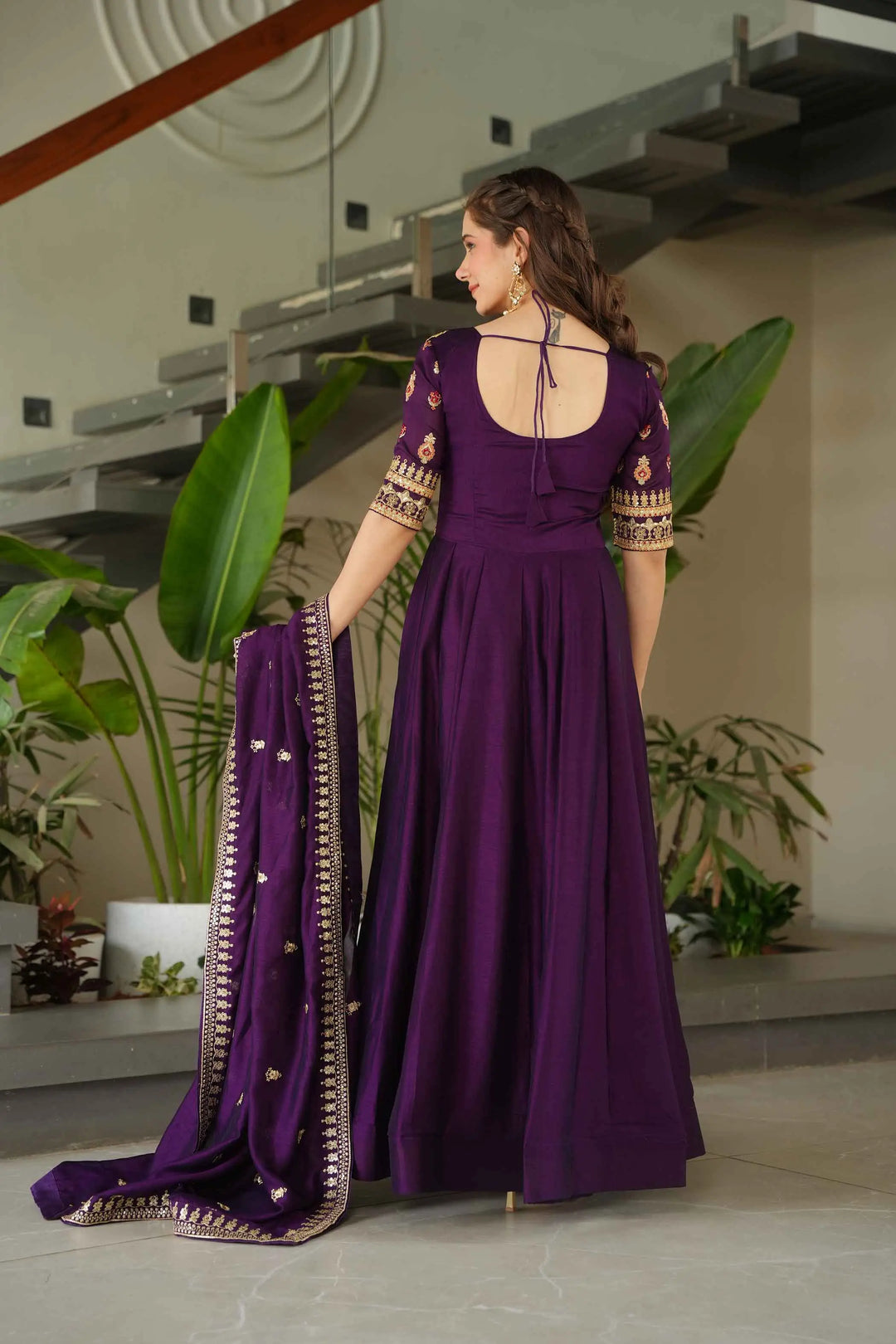 Purple Silk Gown With Zari Sequins Embroidery Work And Dupatta - qivii