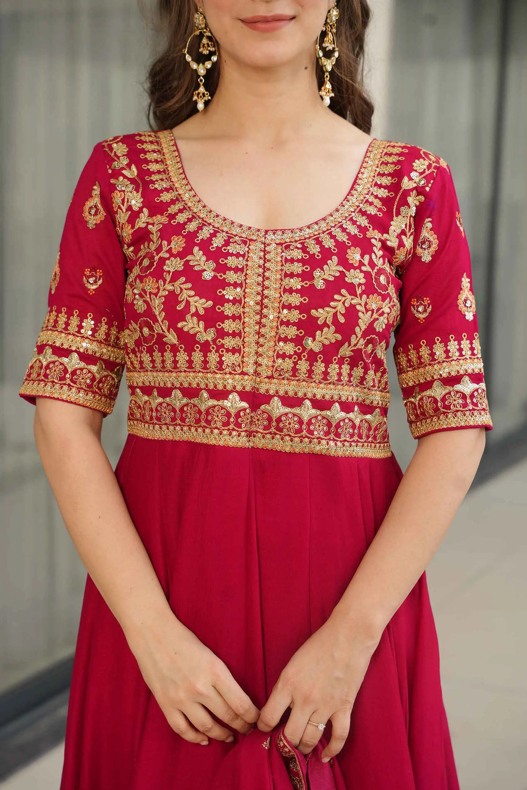 Red Silk Gown With Zari Sequins Embroidery Work And Dupatta - qivii