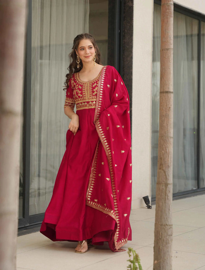 Red Silk Gown With Zari Sequins Embroidery Work And Dupatta - qivii