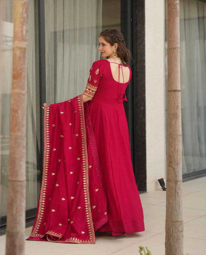 Red Silk Gown With Zari Sequins Embroidery Work And Dupatta - qivii