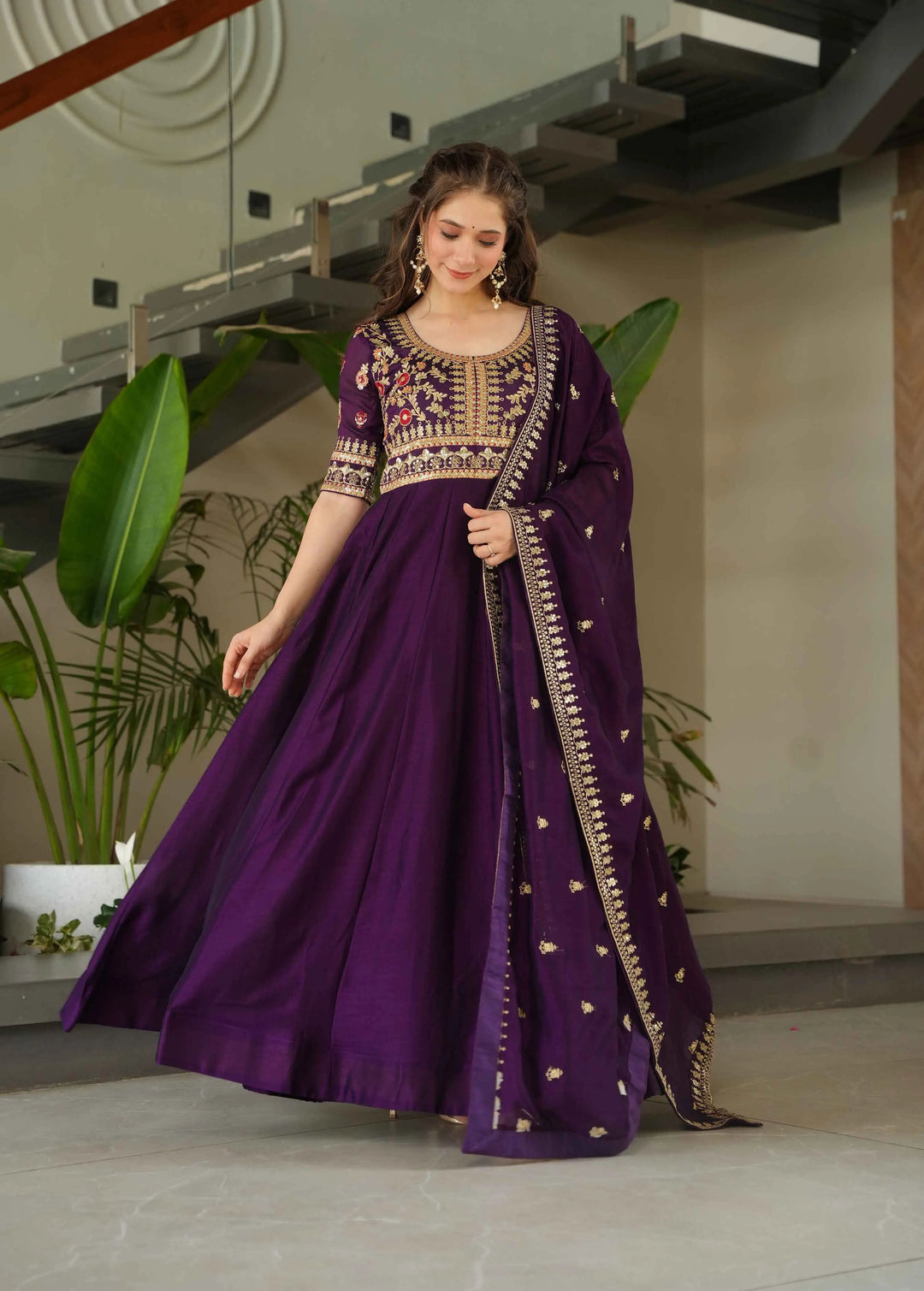 Purple Silk Gown With Zari Sequins Embroidery Work And Dupatta - qivii