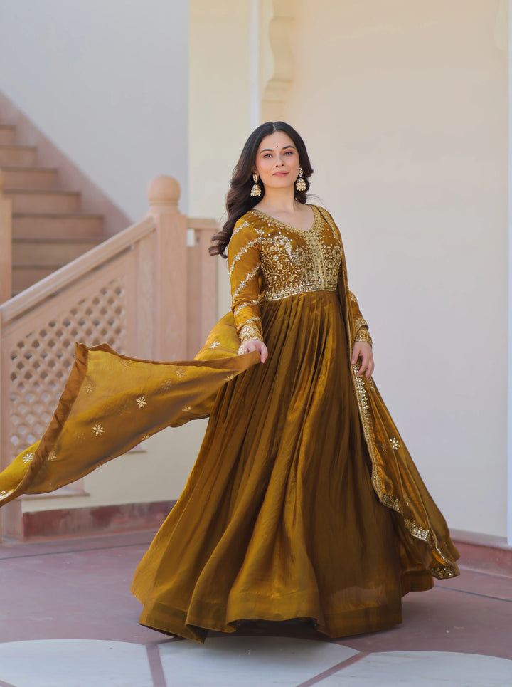 Mastered Yellow Zari Sequins Embroidery Work Gown With Dupatta - qivii