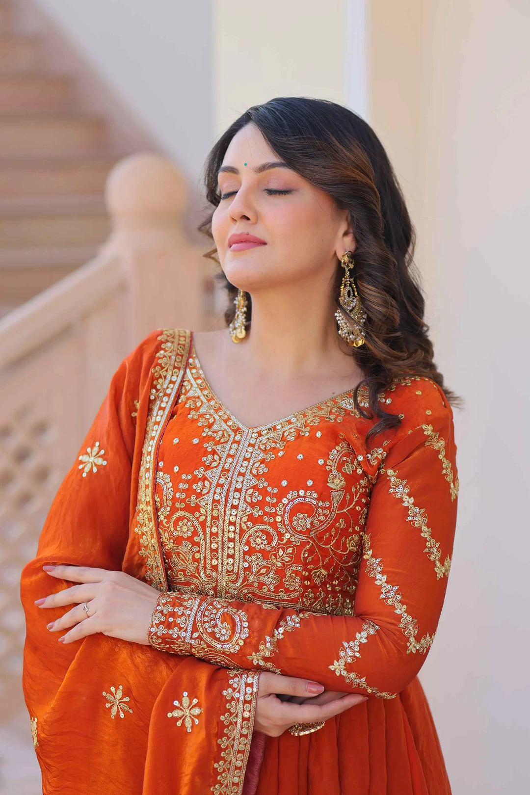 Fanta Orange Zari Sequins Embroidery Work Gown With Dupatta - qivii
