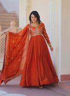 Fanta Orange Zari Sequins Embroidery Work Gown With Dupatta