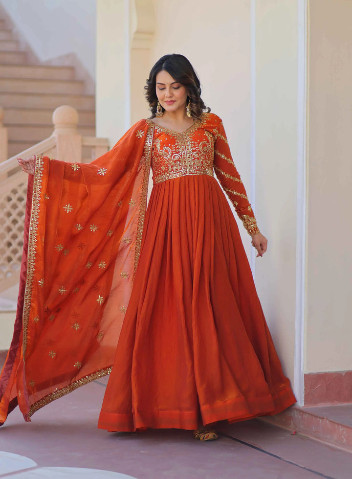 Fanta Orange Zari Sequins Embroidery Work Gown With Dupatta - qivii