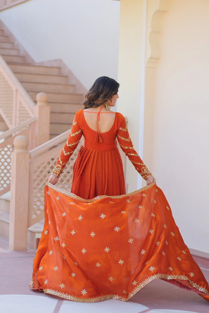 Fanta Orange Zari Sequins Embroidery Work Gown With Dupatta - qivii