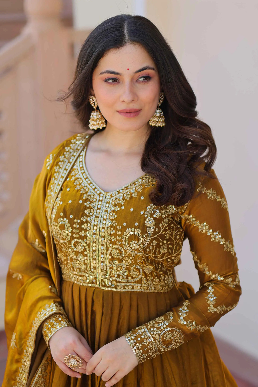 Mastered Yellow Zari Sequins Embroidery Work Gown With Dupatta - qivii