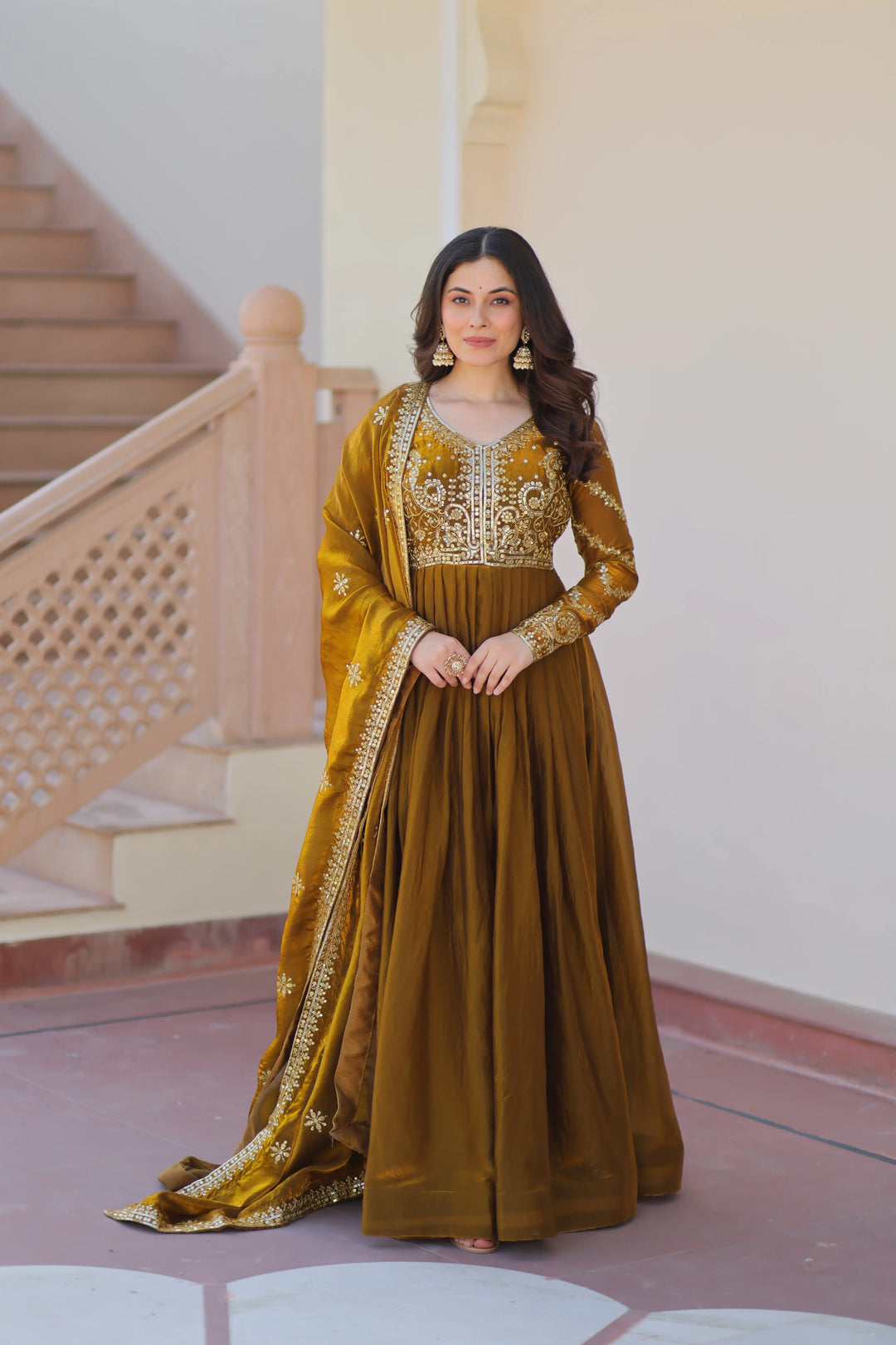 Mastered Yellow Zari Sequins Embroidery Work Gown With Dupatta - qivii
