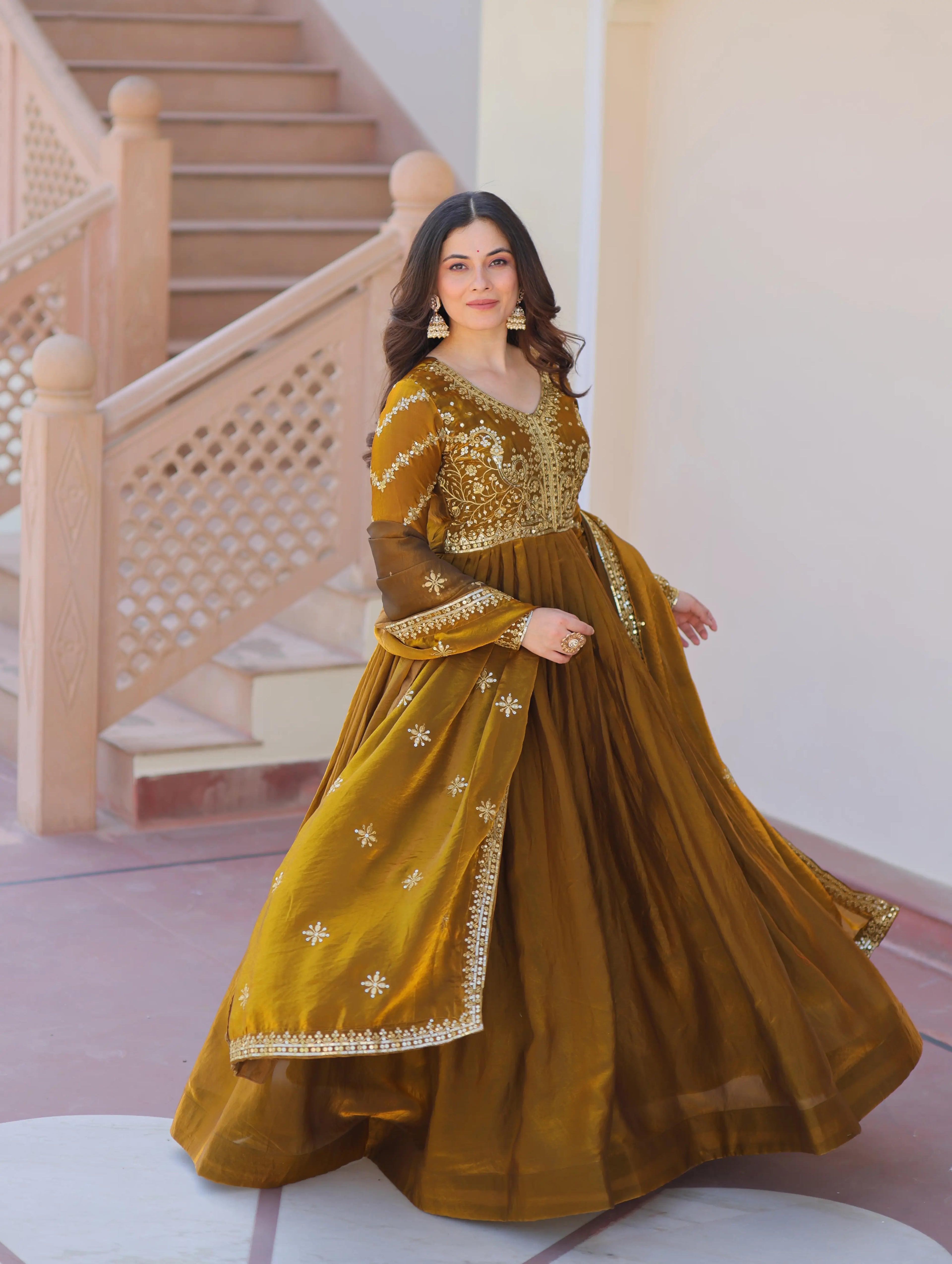 Mustard Yellow Zari Sequins Embroidery Work Gown With Dupatta