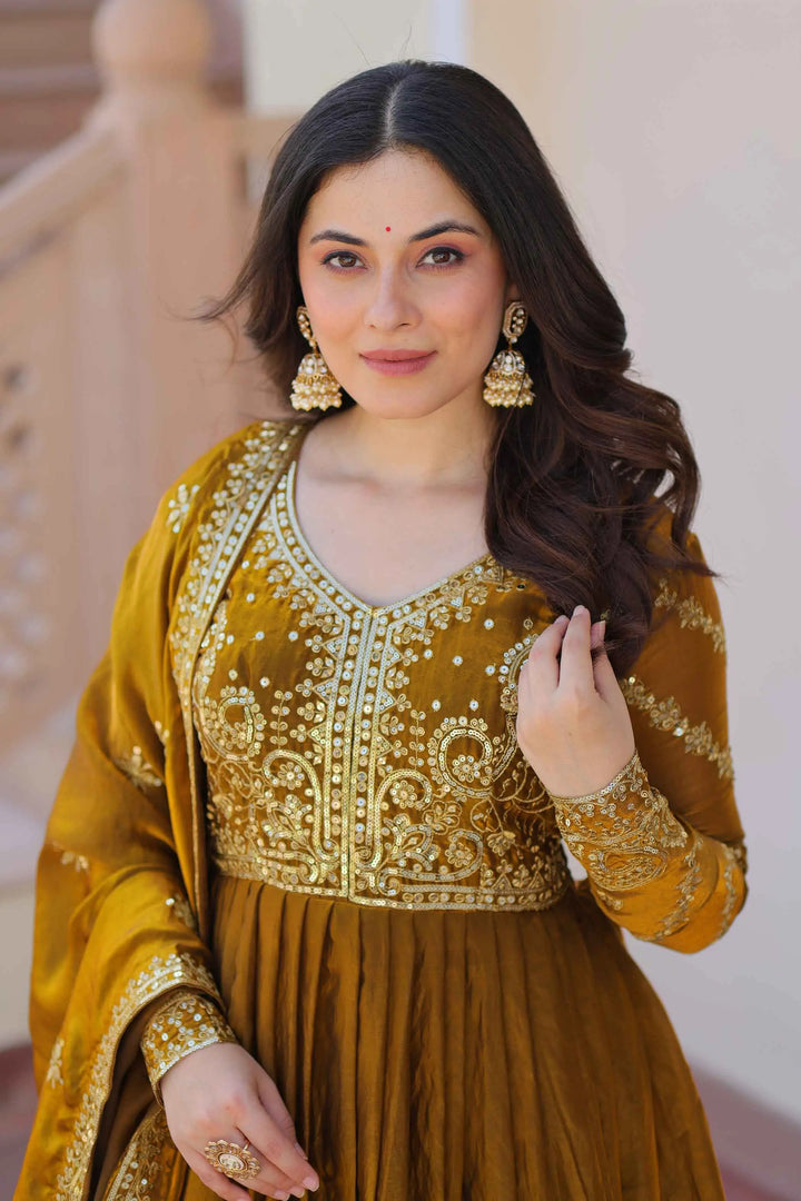 Mastered Yellow Zari Sequins Embroidery Work Gown With Dupatta - qivii