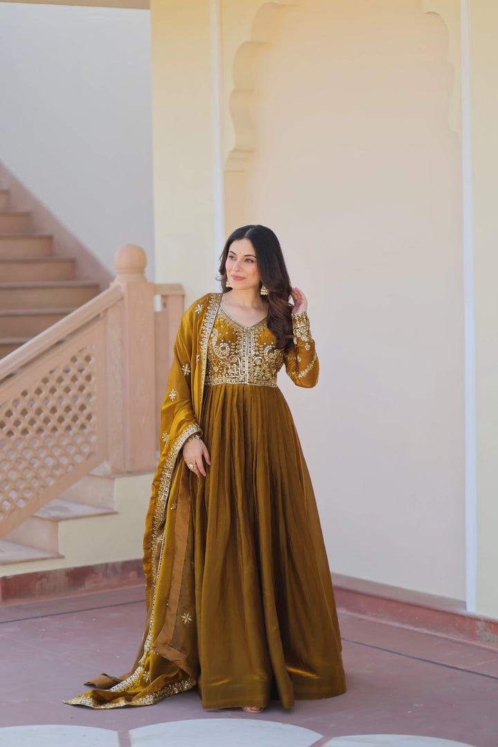 Mastered Yellow Zari Sequins Embroidery Work Gown With Dupatta - qivii