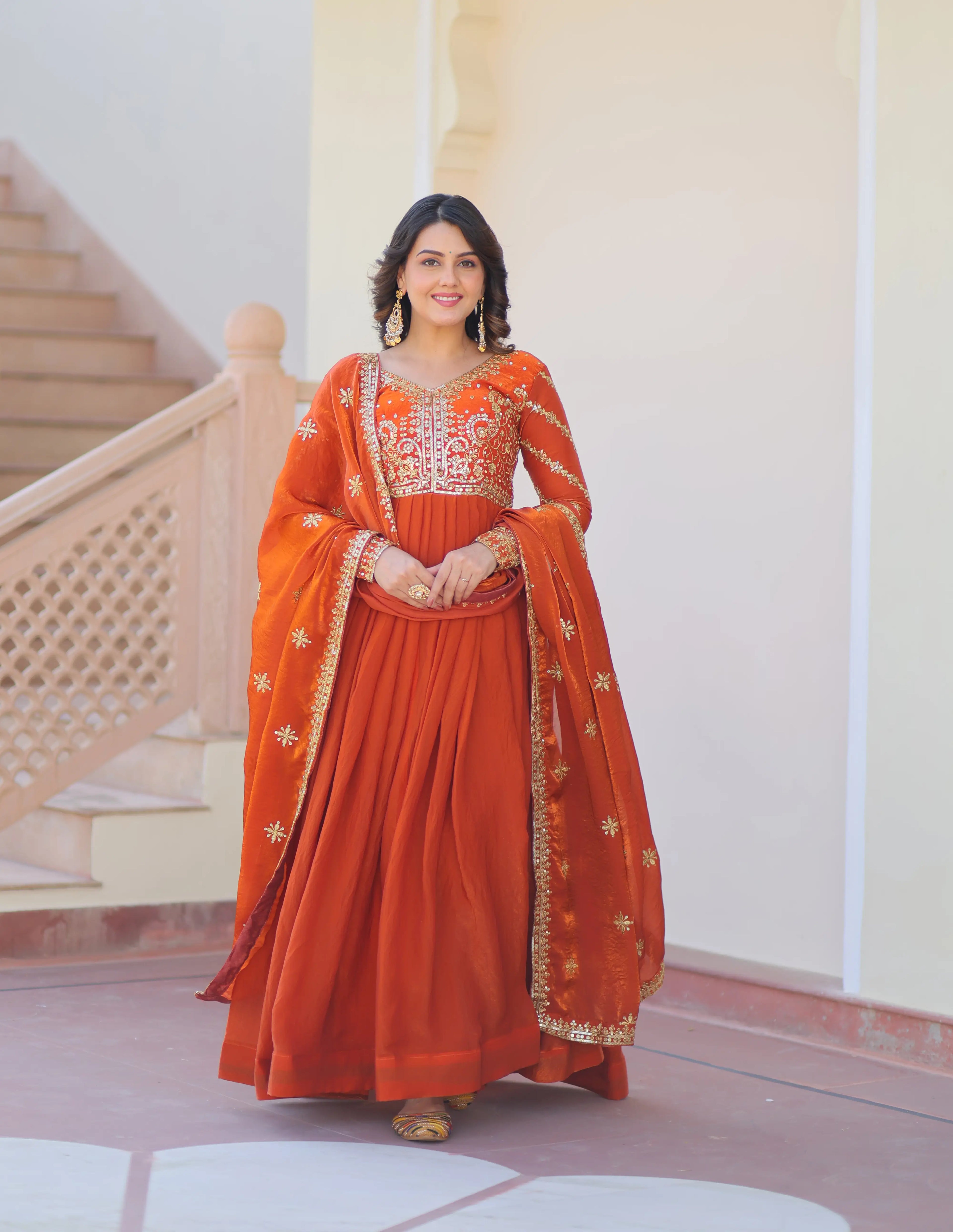 Fanta Orange Zari Sequins Embroidery Work Gown With Dupatta
