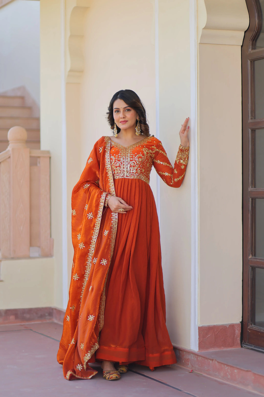 Fanta Orange Zari Sequins Embroidery Work Gown With Dupatta - qivii