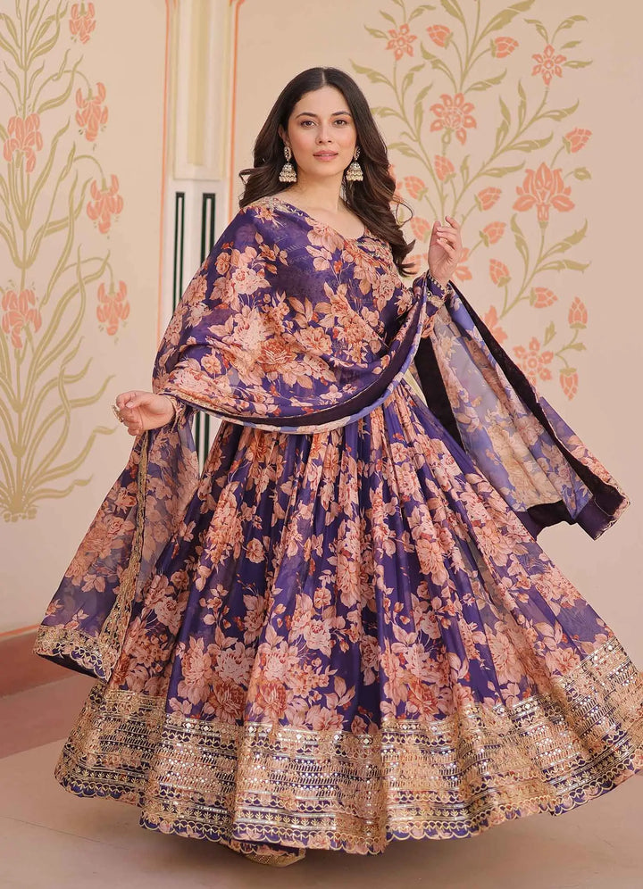 Purple Haze Floral Print Gown With Embroidery Work And Dupatta - qivii