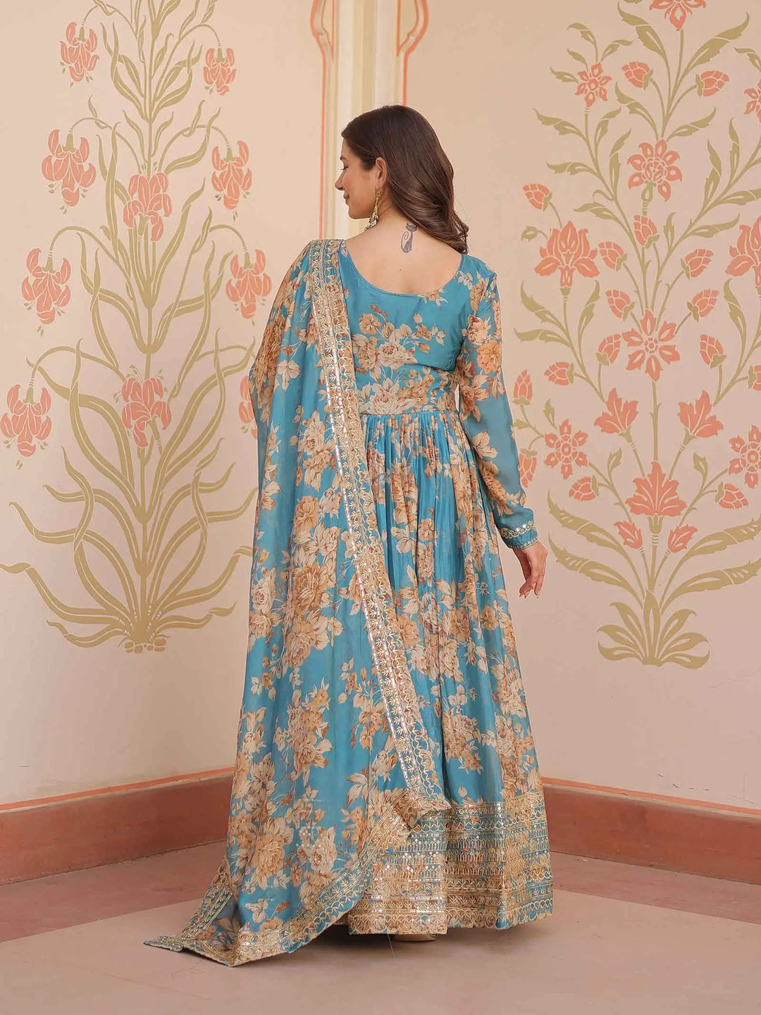 Hippie Blue Floral Print Gown With Embroidery Work And Dupatta - qivii