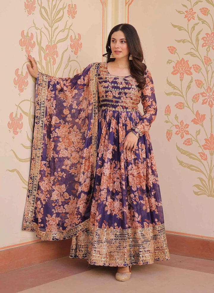 Purple Haze Floral Print Gown With Embroidery Work And Dupatta - qivii