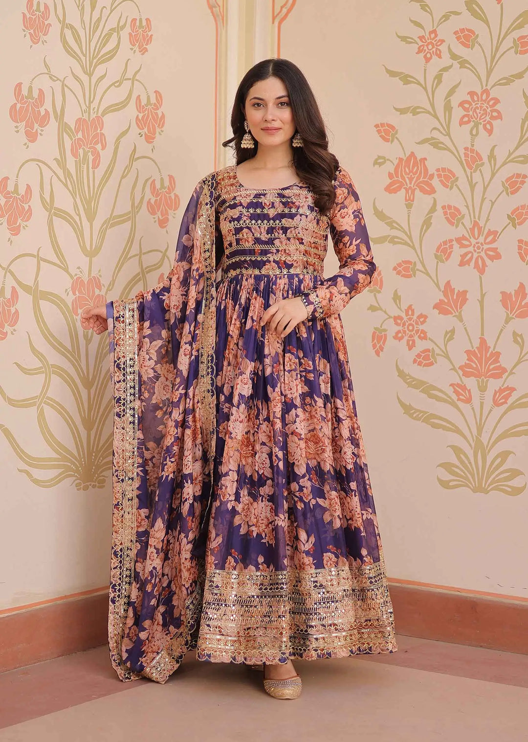 Purple Haze Floral Print Gown With Embroidery Work And Dupatta - qivii
