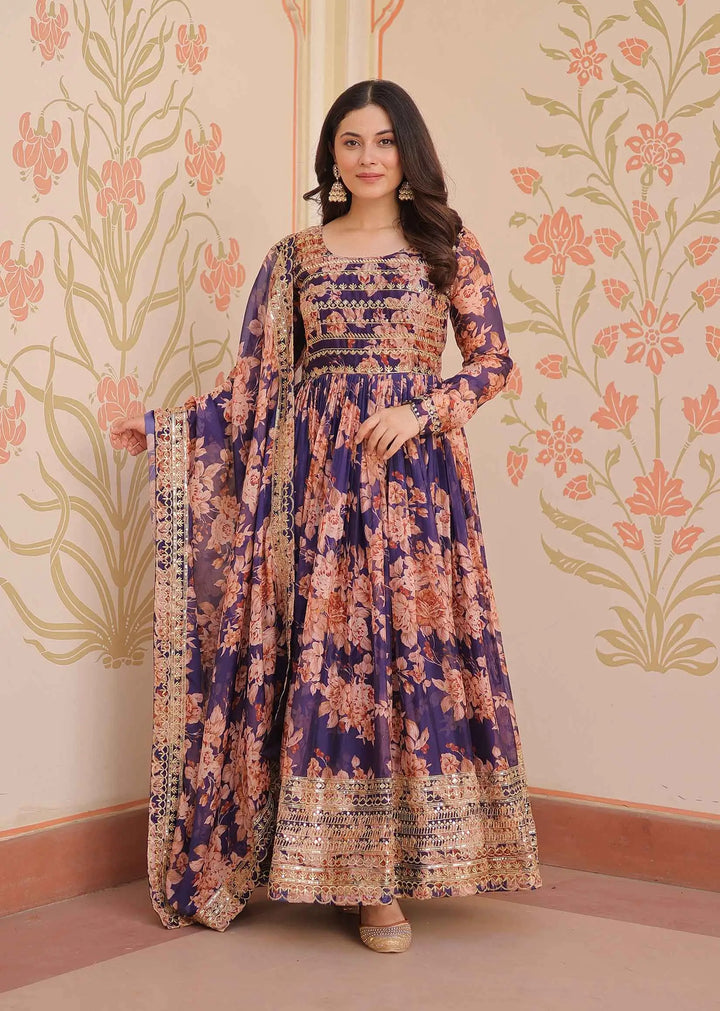Purple Haze Floral Print Gown With Embroidery Work And Dupatta - qivii